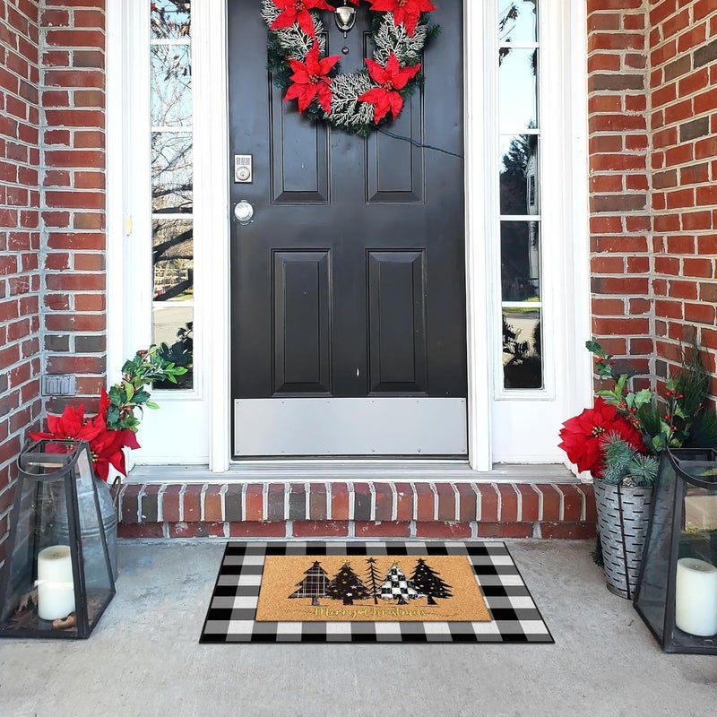 Fourluoo 2 Pcs Christmas Front Porch Rug Buffalo Plaid Christmas Door Mat Imitation Coco Coir Black White Xmas Tree Welcome Layering Rug for Outdoor Winter Home Festival Holiday Decor, 28 x 43 Inch - Image 4